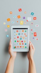 Poster - Hands holding tablet with various social media icons on a gray background. Social media applications and reactions.