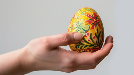 A close-up of a hand holding a beautifully painted Easter egg on a white background