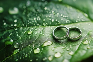 Two Silver Wedding Bands on a Dew-Covered Green Leaf