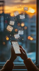 Poster - A young person's hand engaging with social media icons on a smartphone screen during sunset. Depicts a modern digital lifestyle.