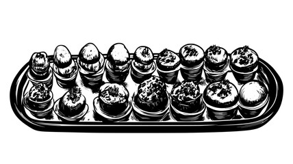 Wall Mural - Stuffed mushrooms displayed on a long tray, food vector illustration