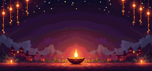 Wall Mural - A vibrant nighttime scene featuring a glowing fire in a bowl, surrounded by lanterns and silhouettes of distant buildings, perfect for festival, cultural, or meditation themes.