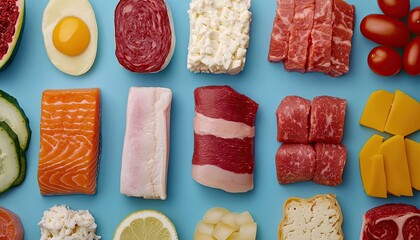 Colorful assortment of fresh ingredients on a blue background, perfect for culinary use.