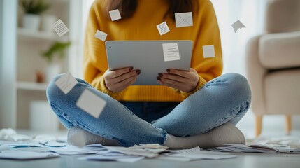 Aufkleber - Woman in yellow sweater using tablet with floating envelopes, papers scattered around. Email management and communication concept.