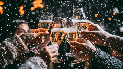 New Year's Eve celebration with champagne glasses and party decorations background