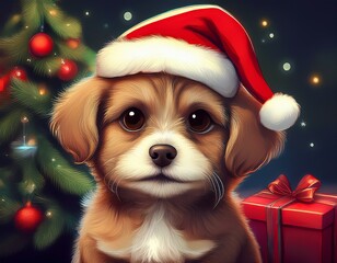 Adorable  puppy together with a Santa Claus hat at Christmas - wishing you merry christmas