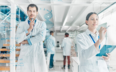 Aufkleber - Scientist, thinking and writing for dna formula in lab with futuristic science, medical question and biotechnology. People, notebook and ideas with healthcare vaccine, gene study and pharmaceutical