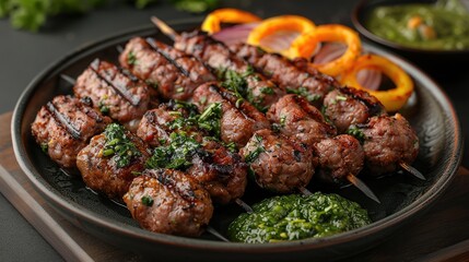 Poster - Delicious Grilled Meat Skewers with Green Sauce