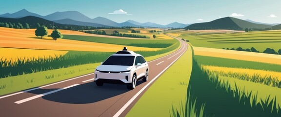 A sleek autonomous car travels along a winding country road, framed by rolling hills and golden fields. This image illustrates the future of transportation, highlighting self-driving technology and