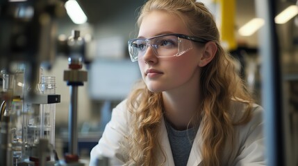Poster - a focused young scientist in a laboratory examines experiments carefully while wearing protective go