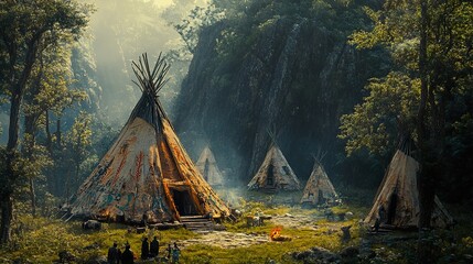 Wall Mural - Peaceful Forest Campsite with Tipis