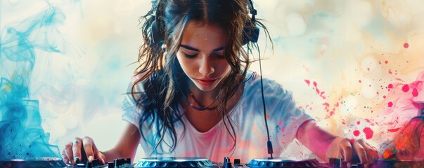 Female DJ intensely focused while mixing music, vibrant colorful splashes, dynamic performance.