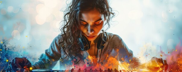 Female DJ intensely focused while mixing music, vibrant colorful splashes, dynamic performance.