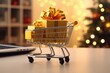 © ratatosk - Shopping cart with gifts on festive bokeh background. Black Friday, Boxing Day and Chrismas discounts. E-commerce, retail, and marketing. Holiday gift-giving