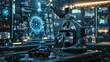 © MIN_NK - A futuristic laboratory with a microscope and computer screen displaying a digital model of a virus.