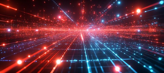 Poster - a futuristic landscape with floating smart buildings and interconnected digital grids