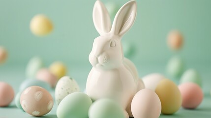 A close-up of a white ceramic bunny surrounded by pastel-colored eggs on a light green background