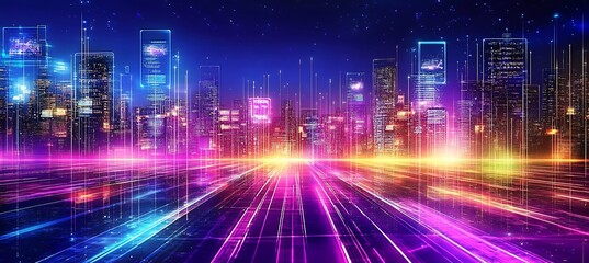 Poster - Smart transportation networks and holographic advertisements dominate the futuristic city skyline
