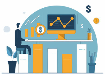 Poster - minimalistic vector illustration of investment management with business growth chart, profit analysi