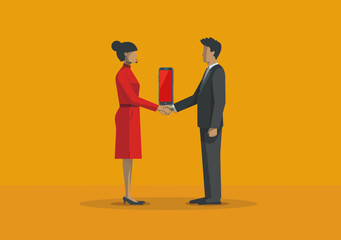 Poster - Businesspeople Engaging in Online Communication Shaking Hands Through Smartphone, Professional Networking and Virtual Interaction Concept Illustration