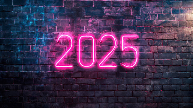 The year 2025 displayed in bright neon lights, mounted on a brick wall