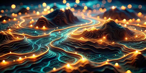 Wall Mural - Abstract Wavy Landscape with Glowing Lights, 3D Render, digital art, abstract art