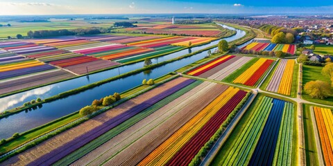 Aerial View of Colorful Fields and a Winding River, Netherlands, tulip fields ,landscape photography