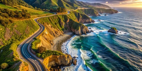 Aerial View of Winding Coastal Road with Dramatic Waves at Sunset, California Coast, coastline, scenic drive