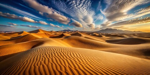 Captivating Wide Shot of Serene Desert Landscape Smooth Golden-Brown Sand Dunes in Foreground with Hazy Blue Mountains and Vibrant Sky, Emphasizing Depth and Natural Beauty