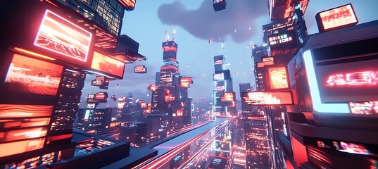 Poster - a futuristic skyline with holographic advertisements and smart transportation systems