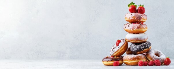 Delicious stacked donuts topped with strawberries and chocolate, perfect for dessert lovers and sweet treats.