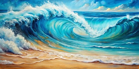 Ocean Wave Painting, Blue Green Tones, Coastal Art, Sea, Beach, Landscape, Artwork