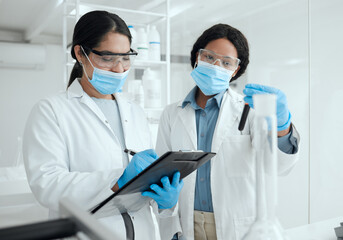 Poster - Women, scientist and folder with blood sample in test tube for medical analysis, investigation and research. Science, healthcare development and lab for dna exam or study and scientific experiment