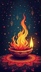 Wall Mural - A vibrant illustration of a traditional oil lamp with flames against a dark background, perfect for celebrating festivals, spirituality, and cultural events.