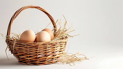 A close-up of a wicker basket filled with straw and eggs on a white background