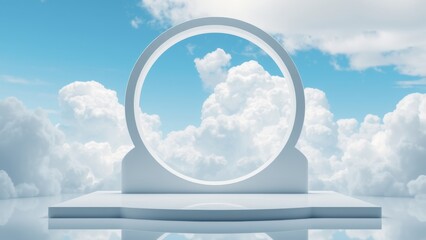 Product display platform. Podium against blue sky and white clouds.