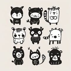 doodle, a series of differentanimals, monochrome, black and white, cute, simple, minimal sketch with a few simple lines