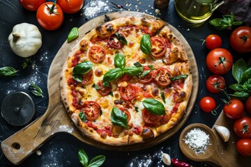 Freshly baked pizza margherita with mozzarella cheese and basil leaves on wooden board surrounded by ingredients