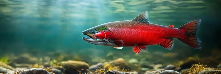  A fish with a caught fish in its open mouth, submerged in water