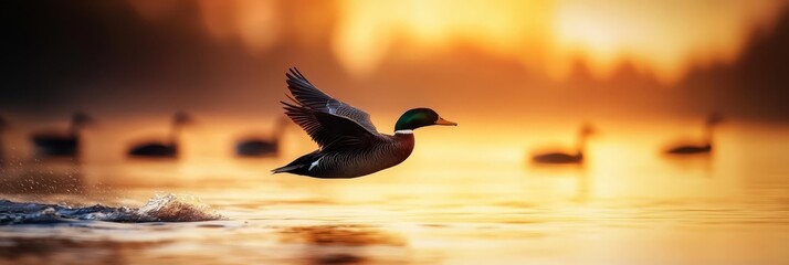  A duck in flight over a tranquil body of water during sunset