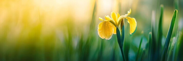  A tight shot of a sunlit yellow bloom amidst a sea of waving grasses, with the sun filtering through the blades behind