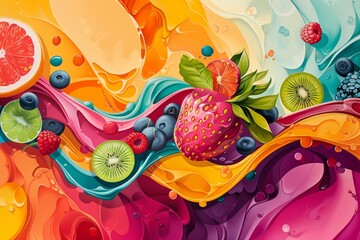 Vibrant abstract art with fresh fruit and colorful liquid swirls. Perfect for healthy food and beverage branding.