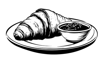 Wall Mural - Single croissant placed on a plate with a small bowl of jam, food vector illustration