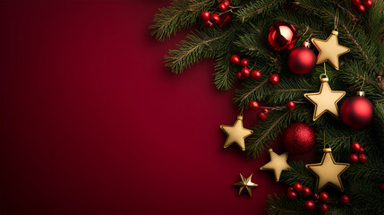 Festive Christmas decorations featuring ornaments and greenery on a deep red background