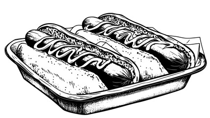 Two hot dogs in buns with mustard and ketchup on a paper tray, food illustration vector