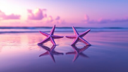 Wall Mural - Two beautiful starfish on a reflective shoreline at sunset, showcasing vibrant colors against a serene ocean backdrop.