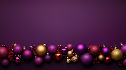 Elegant Christmas ornaments in rich colors on a purple background with space for festive text