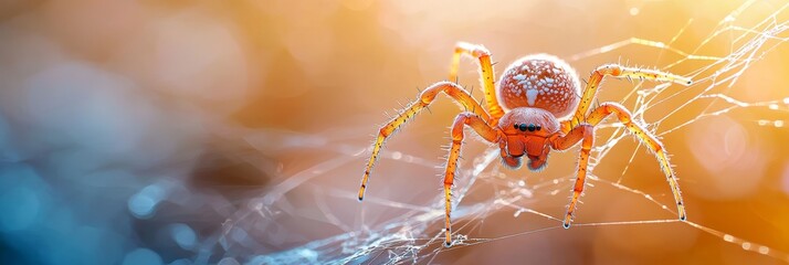  A tight shot of a spider on its web, adorned with water droplets, against a softly blurred background