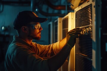 Wall Mural - Technician Repairing Industrial Equipment in Dark Room