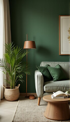 Poster - close up of a green fall decor in neutral colors for a modern living room, dark colour sofas, organic shapes, old halnut wood.